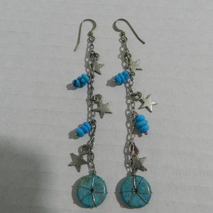 3 inch long dangle drop faux turquoise beads and silver star earrings on chain